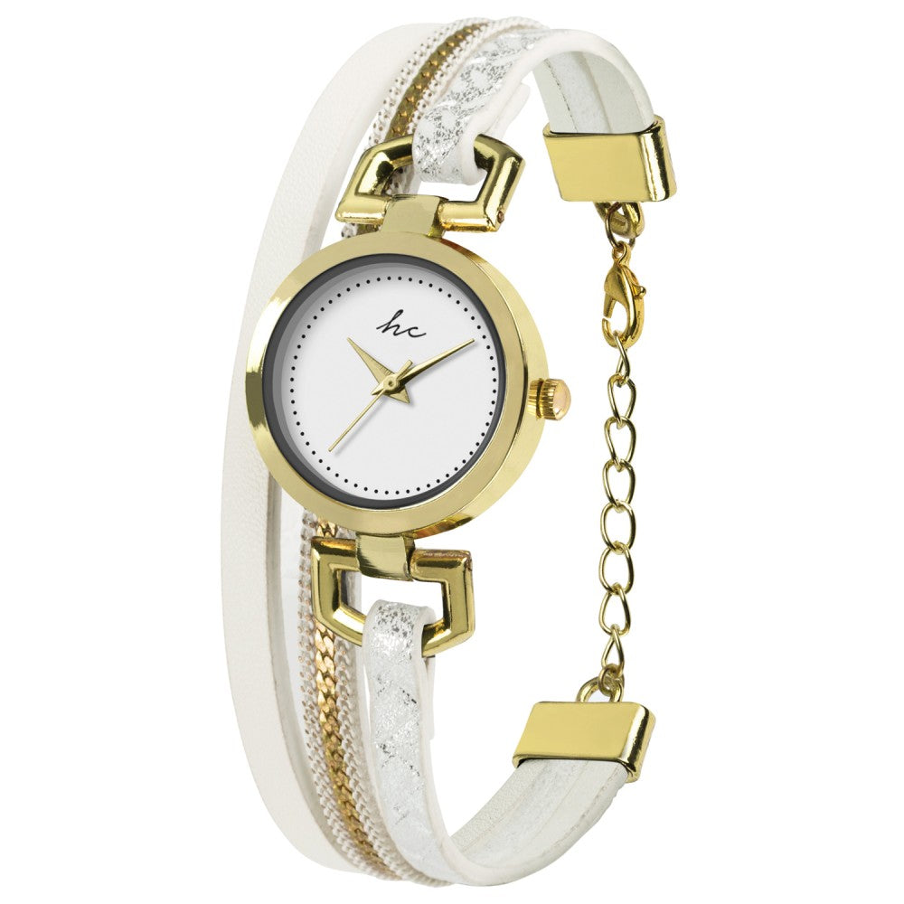 Dámské hodinky Hippie Chic, s quartzovou baterií, analogové, pouzdro z nerezové oceli ve zlatém tónu, bílý kožený náramek bez náramku, ležérní styl